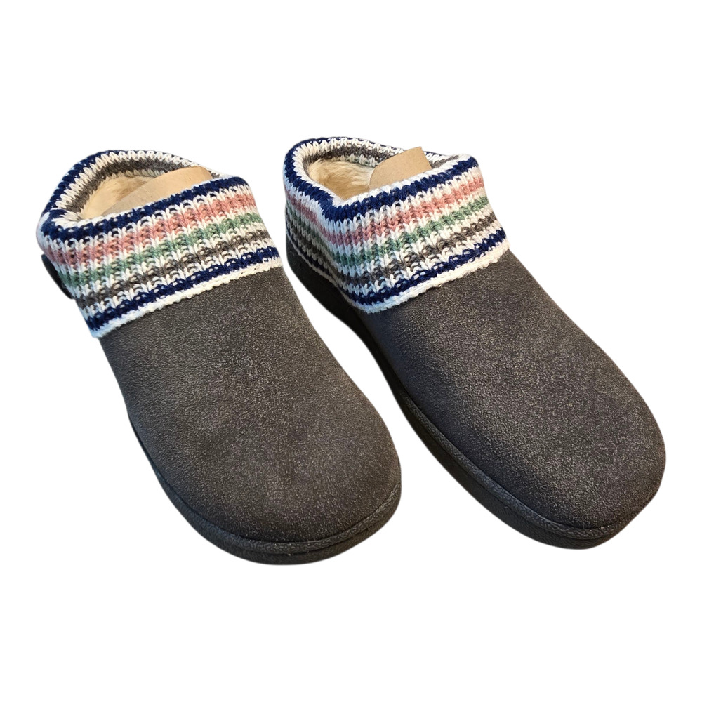 Clarks Slippers Womens Size 8M Gray Suede Sweater Trim Slip On Faux Fur Cozycore